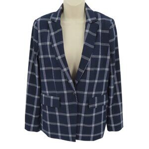 Aqua Womens Small Blue White Plaid Check Collared Blazer Jacket Snap No Pockets